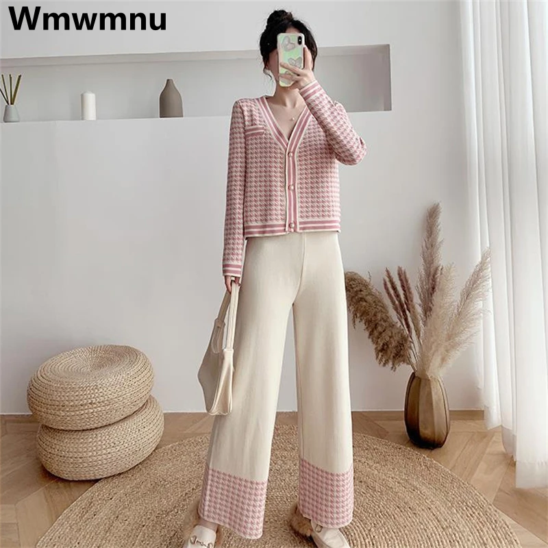 Loose Fashion Plaid Knitted 2 Piece Set Spring Fall Casual V-neck Short Cardigan Conjuntos Women Korean Wide Leg Pants Outfits