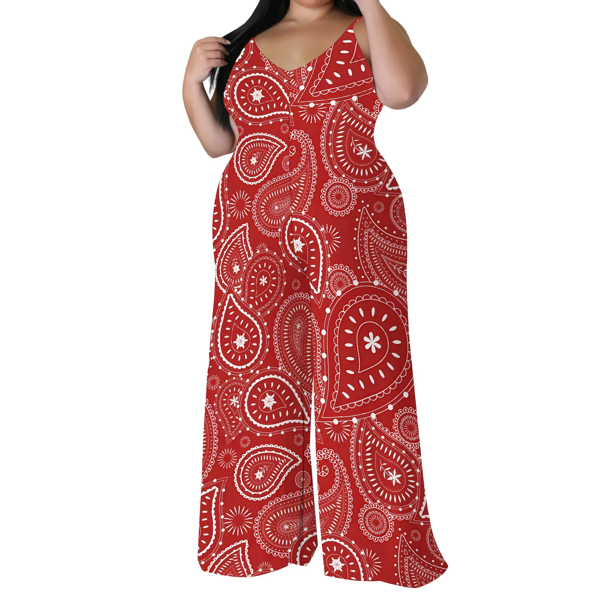 Sleeveless V Neck Spaghetti Camisole Top Wide Leg Pants Pants Jumpsuit With Headscarf XL-6XL