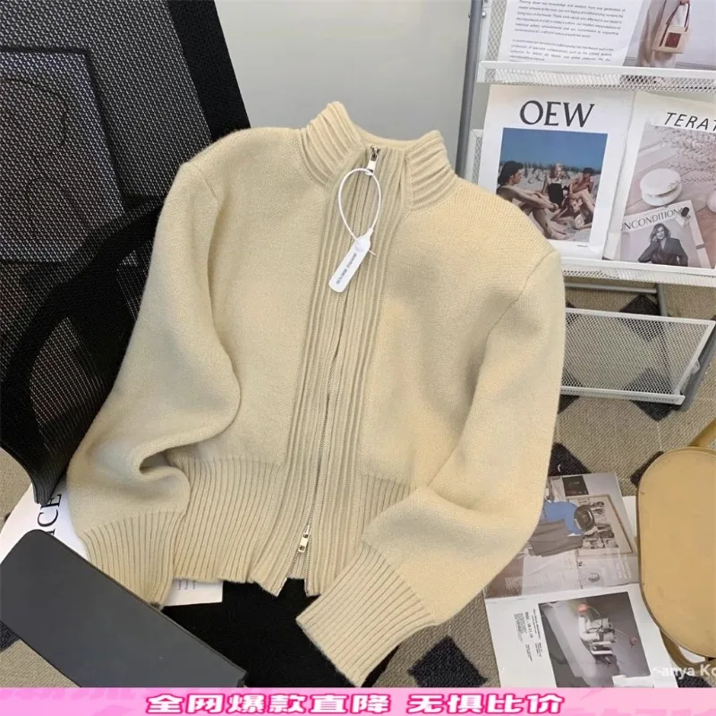 Short Style Double-end Zipper Solid Color Warm Sweater Autumn and Winter Vertical Stripe Knitted Coat Cardigan Top Female