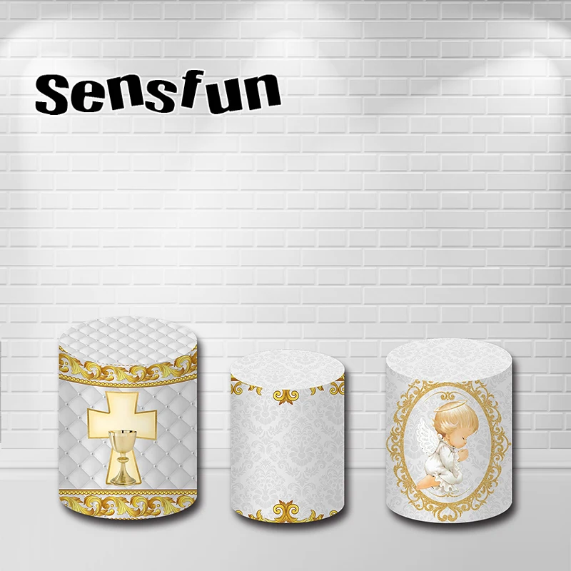 الذهب الأبيض المعمودية غطاء خلفية مستديرة الملاك الطفل الله يبارك دائرة خلفية Mi Primera Comunion طيدة يغطي