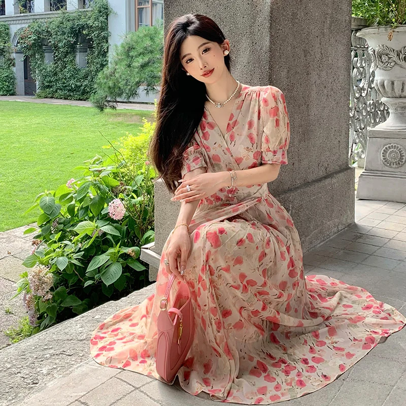

Pink French Floral Chiffon Dress Women New Summer Elegant Waist-cinching Tie Long Dress Short Sleeve