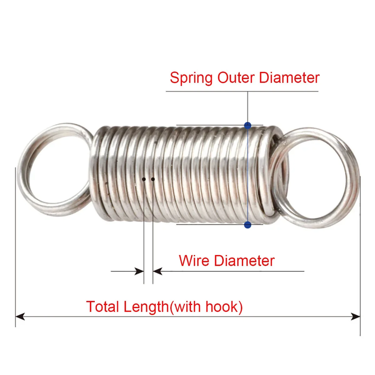 1Pcs 2mm Wire Dia 304 Stainless Steel Dual Hook Tension Extension Spring Outer Dia 14/17/20mm Length 50mm - 300mm