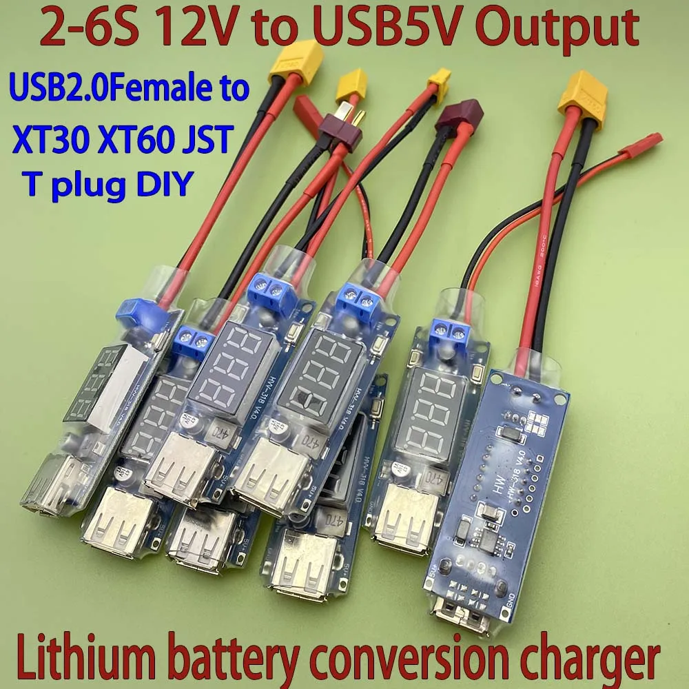

2S-6S Lipo Battery XT XT60 Plug to USB 2.0 5V 2A Charge Connector Converter Adapter LCD T plug Batteries Remote Contoller module