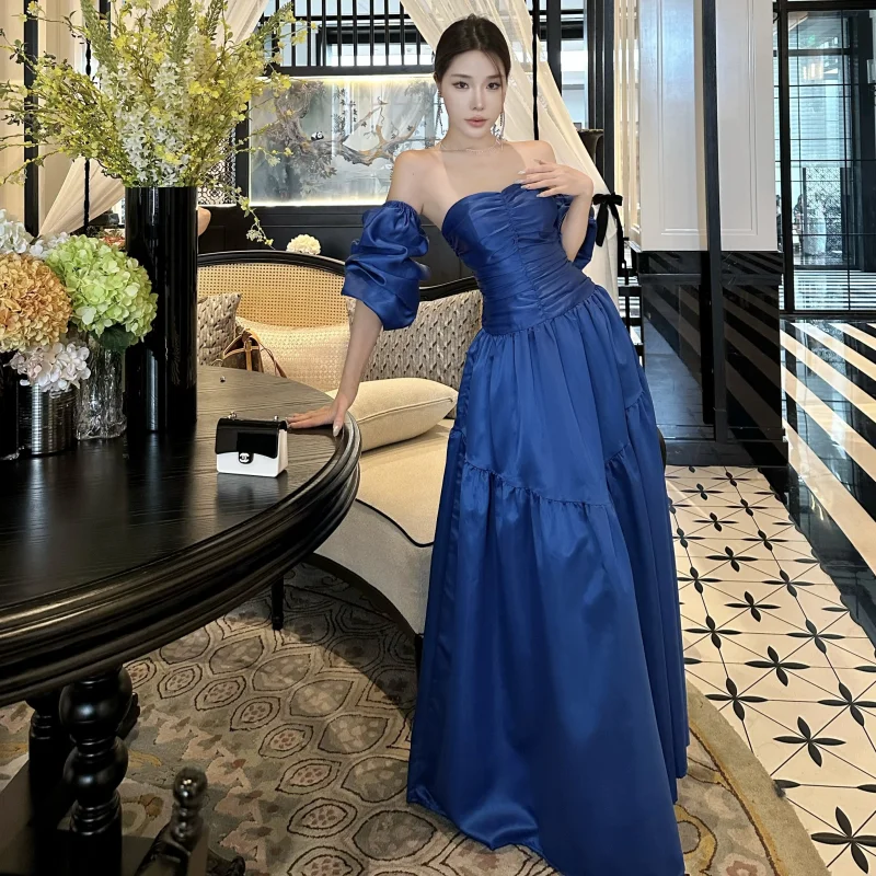 Vestido Azul Feminino Maxi Off-Shoulder para Casamento, Noivado, Aniversário, Saia Longa com Grande Movimento para Noite