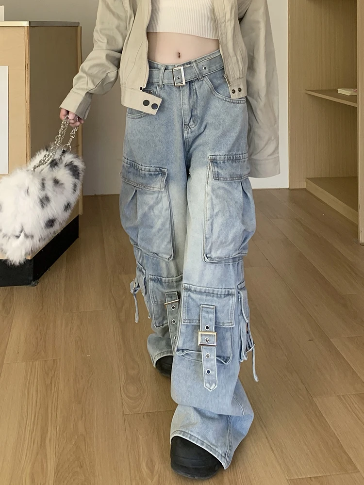 SHENGPALAE Streetwear Mode Denim Broek Voor Vrouwen Gesplitste Zakken Hoge Taille Jeans Wijde Pijpen Broek Nieuwe 2023 Lente 5G252