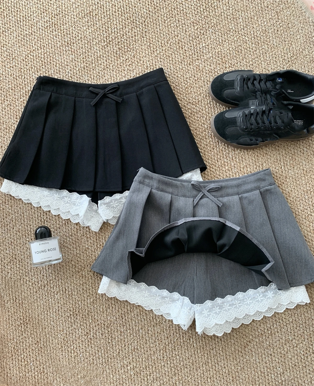 Y2K Ruffles Black Gray Mini Skirt Women Korean Patchwork Pleated Skirts Japanese Kawaii High Waist All Match Pleated Skirt New