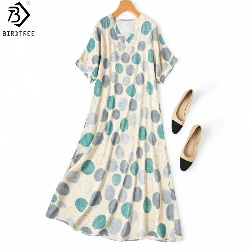 

BirdTree, 65% Silk 35% Cotton Dot Print Dress, Batwing Sleeve V-neck, Women's Loose Breathable Dresses, 2026 Summer New D65323JF