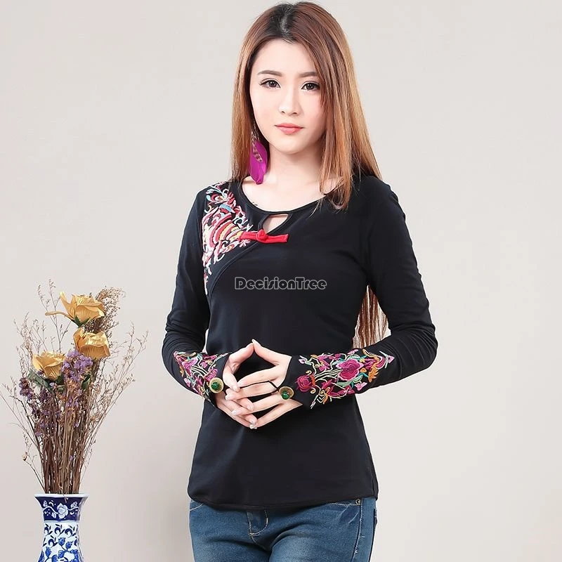 

2025 новая футболка Cheongsam в китайском этническом стиле с вышивкой и круглым воротником, длинными рукавами и пуговицами, женская футболка для похудения, повседневный топ в стиле ретро