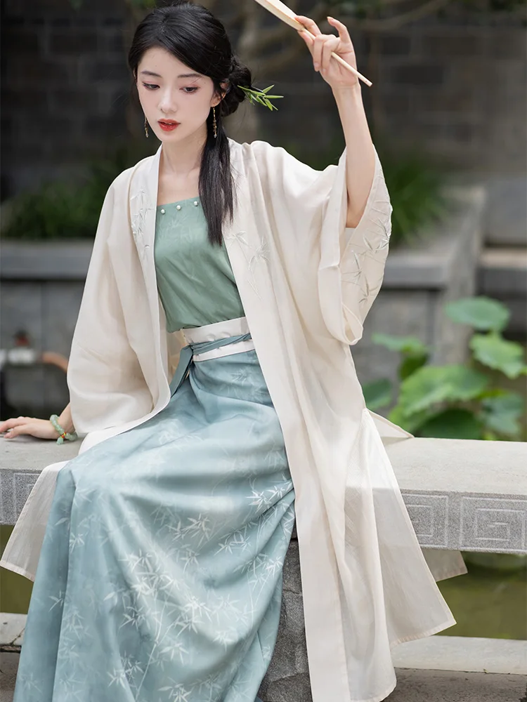 Длинная шелковая рубашка Chi Xia [Приключения к парку: бамбуковое поле] в стиле песни, шелковая хлопковая кружевная юбка с подвесным ремешком, улучшенная ханьфу