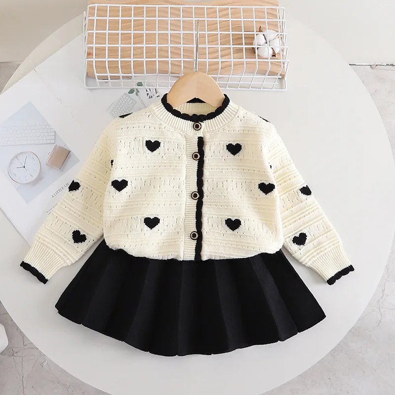 Spring Autumn Girls Clothes Sets Cute Hollow Out Lover Knitted Cardigan Skirts 2 Pcs Suits