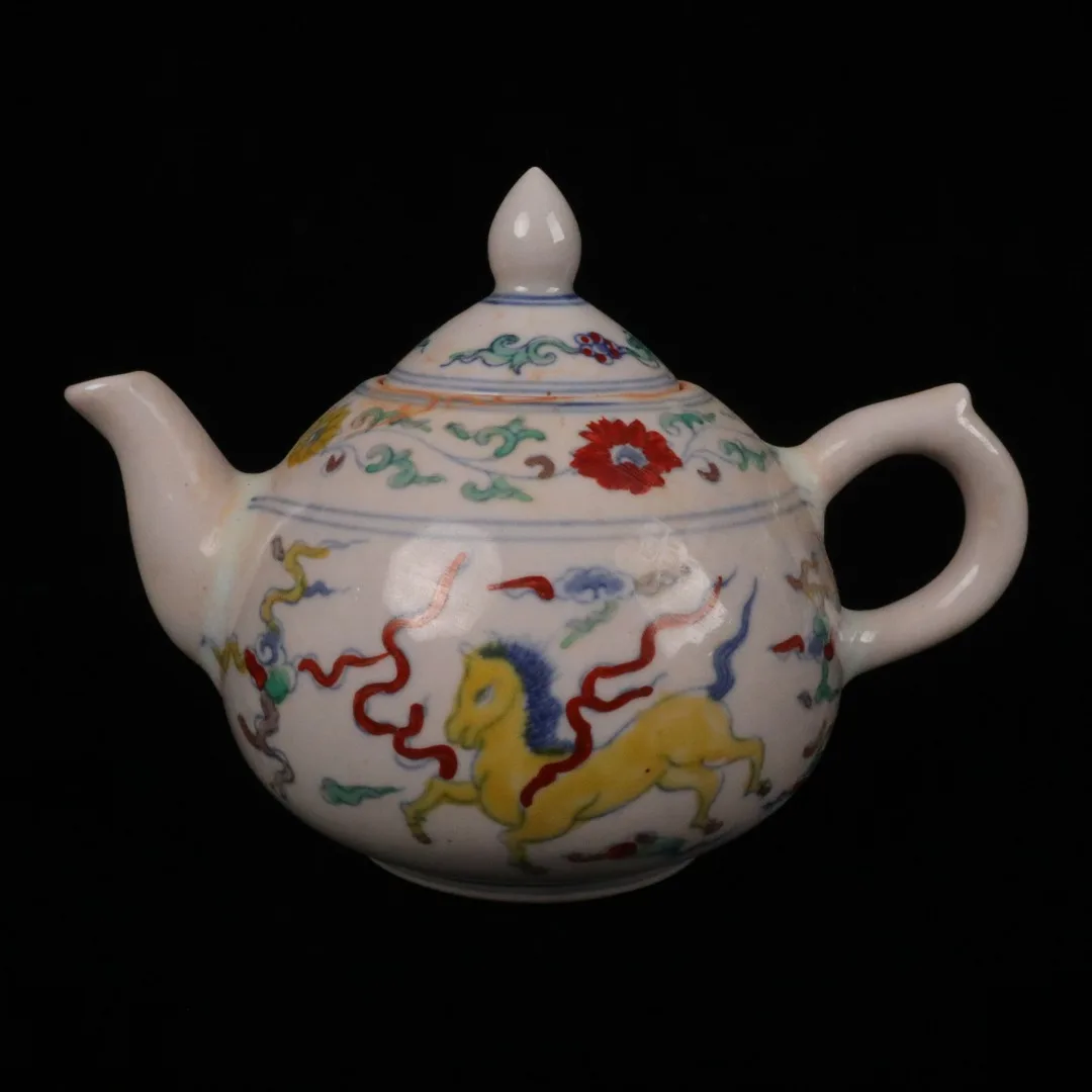 Colorful Horse Auspicious Pattern Carrying Pot Jingdezhen Antique Porcelain Decoration