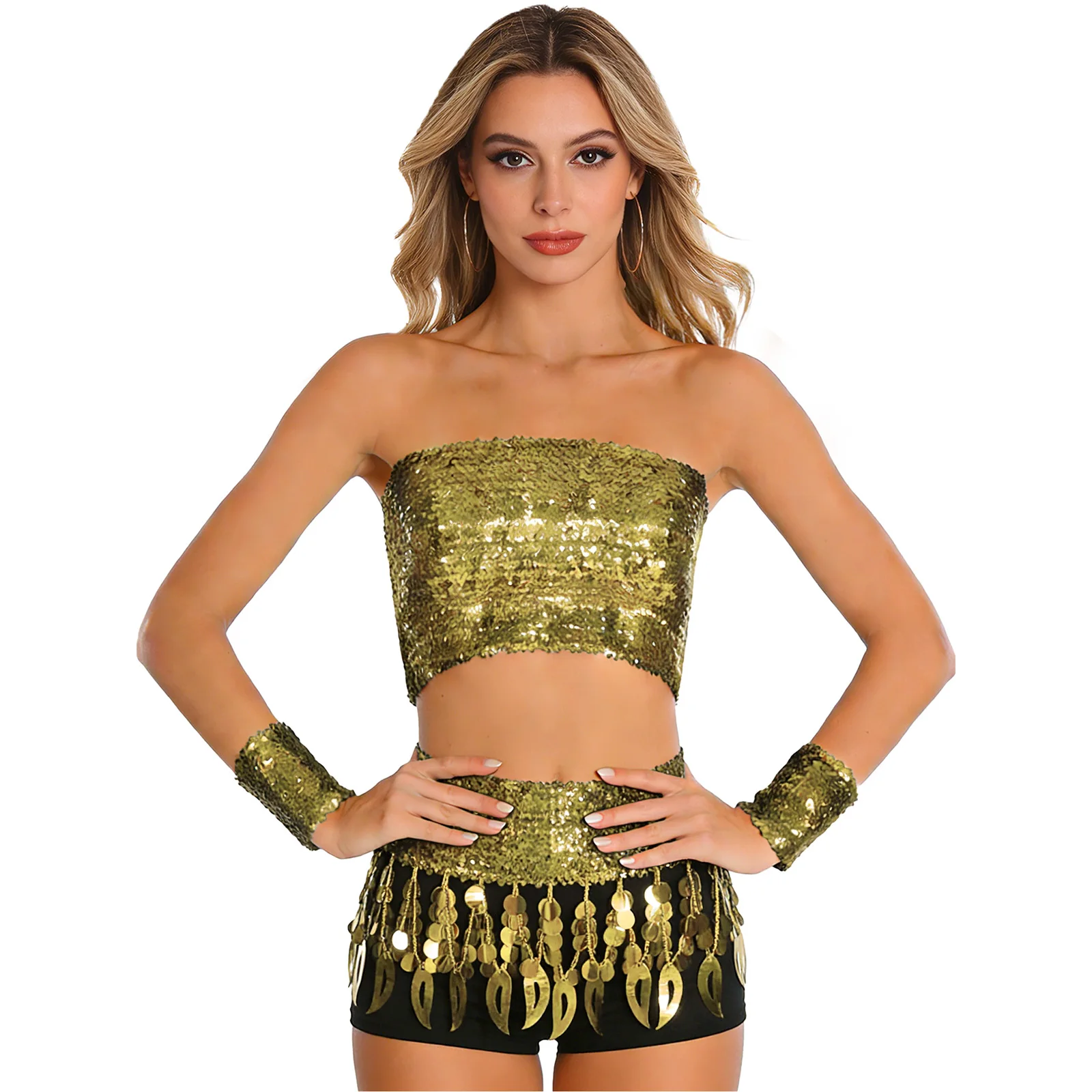 

Women Dance Sequin Latin Belly Salsa Dance Outfits Strapless Elastic Corset Crop Top with Wristbands and Sequin Fringe Miniskirt