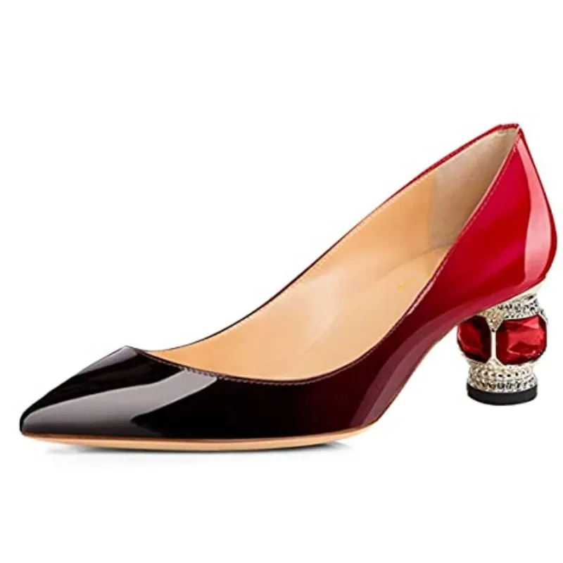 

DIZHUANG Sexy women's mid heeled shoes. Wine red gradient painted leather shoes. About 5.5 cm heel height. Crystal heel shoes.