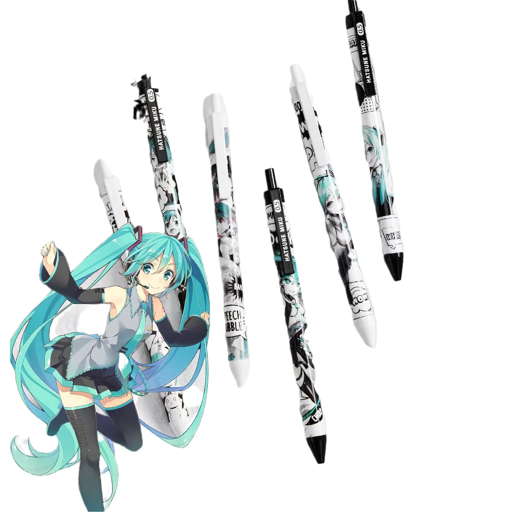 Anime Hatsune Miku Gel Pen, Preto, Secagem Rápida, Caneta de Assinatura Neutra, Estudante Kawaii, Artigos de Papelaria Infantil, 0.5mm, 6Pcs