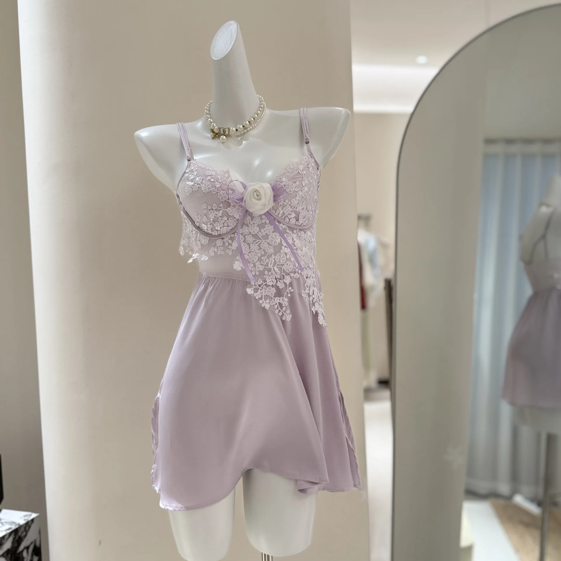 

Rose Applique Mini Nightgown Sexy Backless Nightdress Intimate Lingerie Summer Women Sleepwear Nightie Silk Satin Homewear