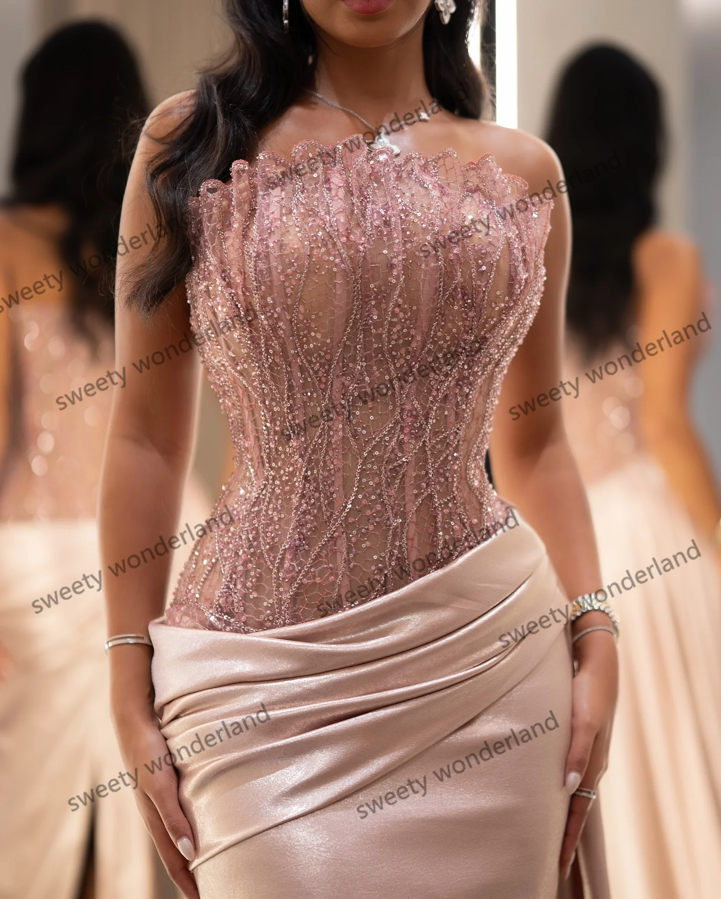 Rosa renda lantejoulas sem alças vestidos de noite cetim plissado split vestido de festa de casamento sereia vestido de baile personalizado vestidos elegantes