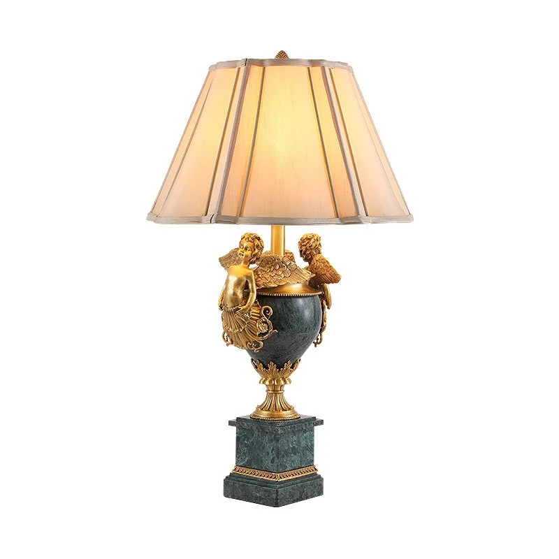 French all-copper bedroom bedside table lamp, living room creative atmosphere warm, retro study European-style villa marble lamp