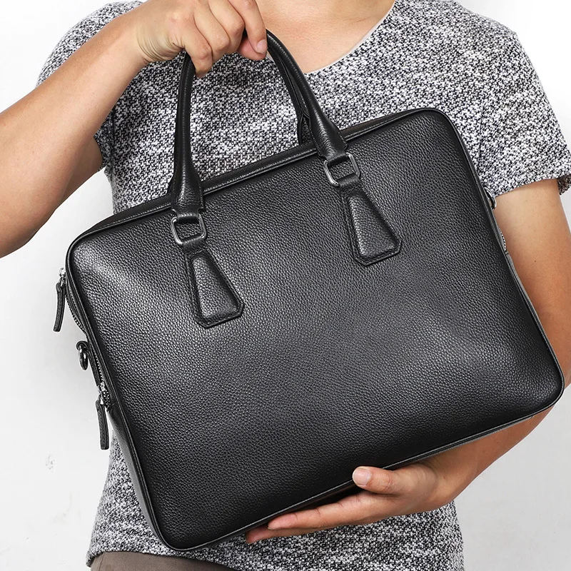 Bolso Negro para ordenador portátil, maletín de cuero genuino de vaca, de marca de lujo, de 14 pulgadas, novedad de 2023