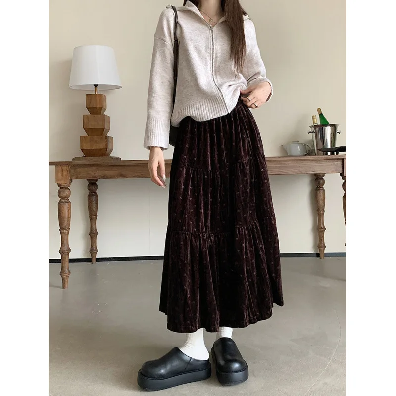 Korean Minimalist Beige Heart Velvet Midi Skirt Women Spring Autumn Loose Tiered Cake Skirt Harajuku Preppy Trendy Office Outfit