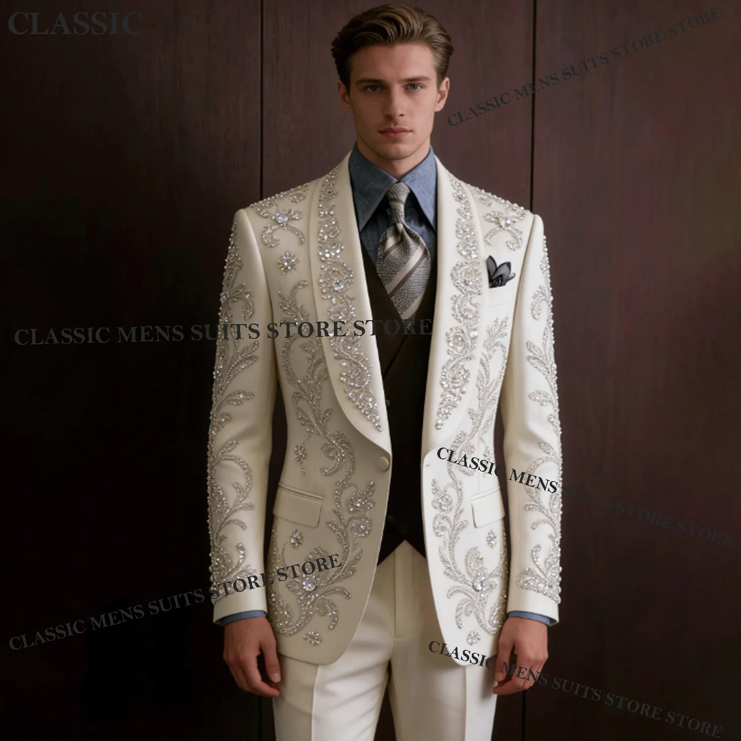 

Customized Beading Jewelry Suit For Men Luxury Groom Party Male Blazer 3 Piece Sets Fashion Slim Fit Tuxedos Wedding Ropa Hombre