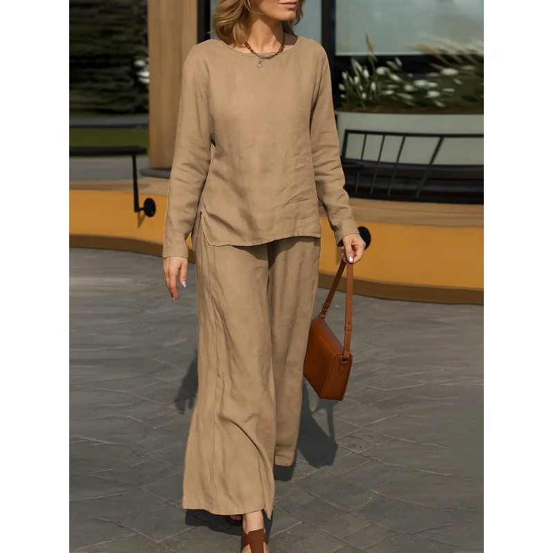 여성용 가을 라운드 넥 솔리드 컬러 루즈 티셔츠 캐주얼 팬츠 세트