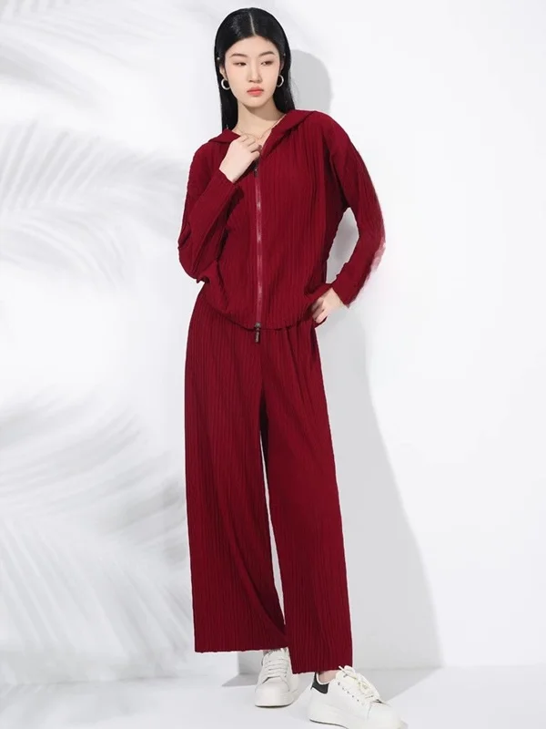 

New Tee Houses Women's Faion Set with Pleats Wide Leg Pants And Hooded Top High Waist Two-Piece Ensemble Sli Spring C...