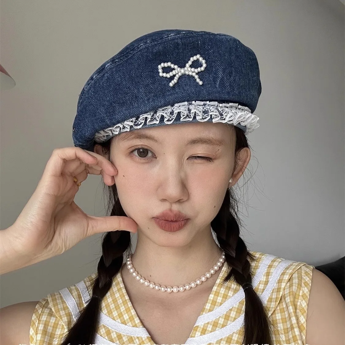 

Denim Pearl Bow Kont Beret Cap Korean Vintage Y2k Lace Hat Summer Designer Female Thin Denim Beach Travel Sunscreen Painter Cap