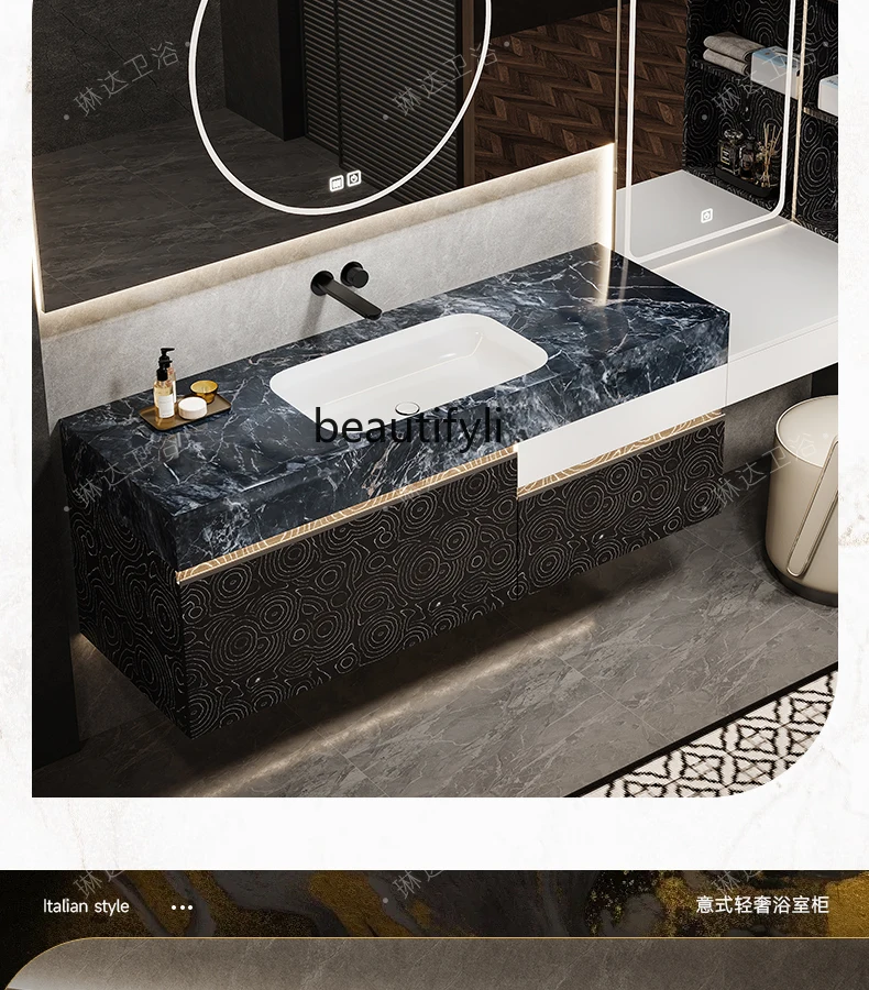 Light luxury solid wood bathroom cabinet combination large apartment bathroom sink dresser makeup integrated storage cabinet