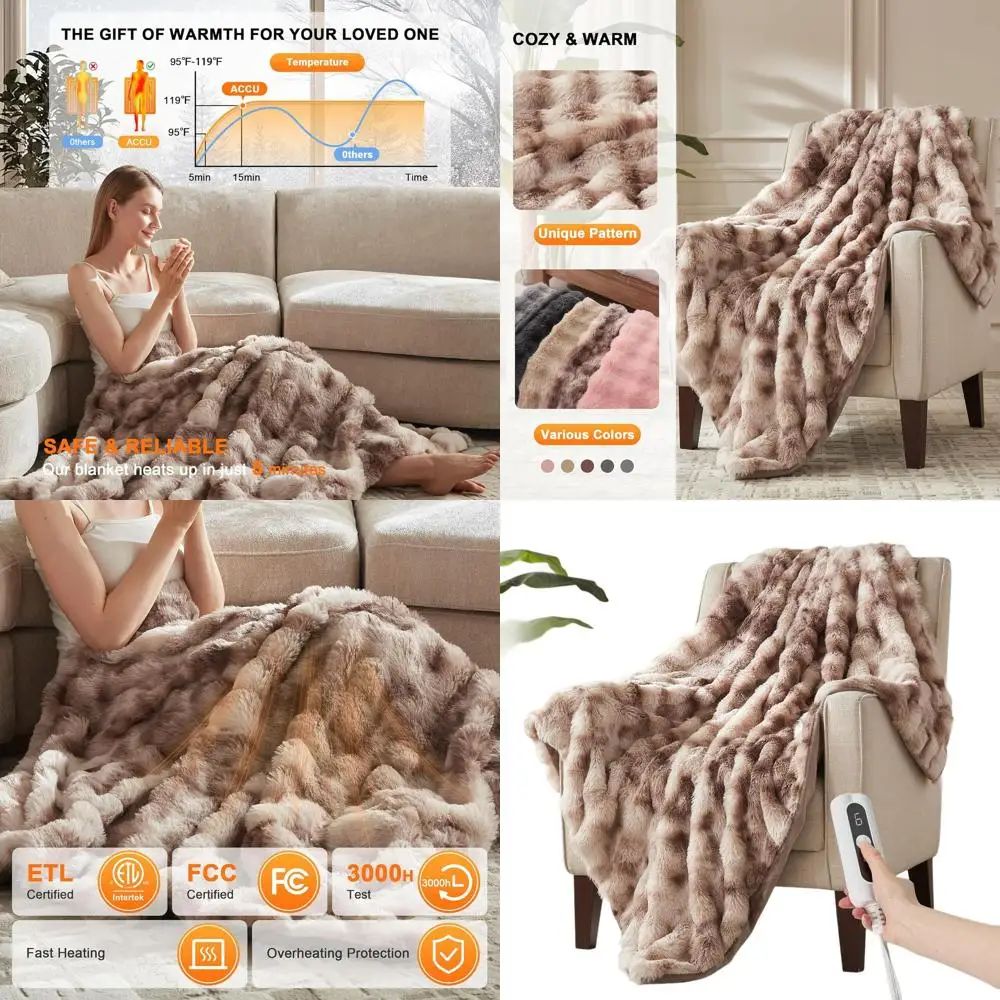 

Twin Size Plush Bubble Faux Fur Electric Blanket with 6 Heat Levels & 10-Hour Auto-Off, Machine Washable, 62x84 Taupe Pattern