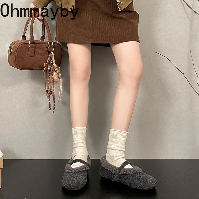 Fashion Vintage Fur Lining Women Flats Shoes Concise Round Toe Shallow Shoes Comfort Warm Cotton Outdoor Shoes For Autumn Winter
