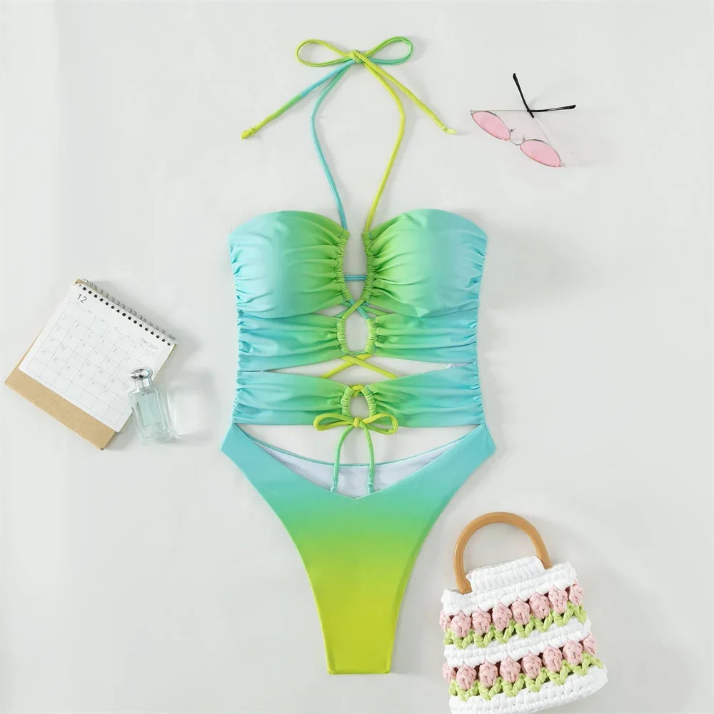 Sexy Extreme String Monokini Cut Out Cross Bandage Backless Swimsuit Gradient Bikini Women Vacation Swimwear Y2K Beach Bath Suit