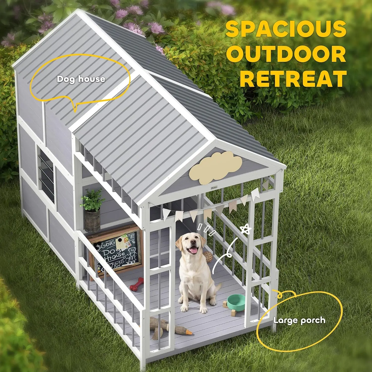 Casa de cachorro de madeira interna exterior 79 "x 41" x 63 "com armário de armazenamento da varanda telhado à prova de intempéries piso elevado para animais de estimação