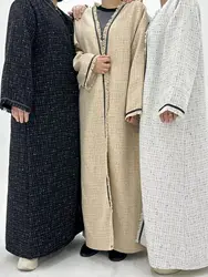 Moda grubsza ciepła sukienka muzułmańska z frędzlami szata Abaya kobieta otwarta muzułmańska odzież wierzchnia nabożeństwo Abaya z szalikiem wy2144