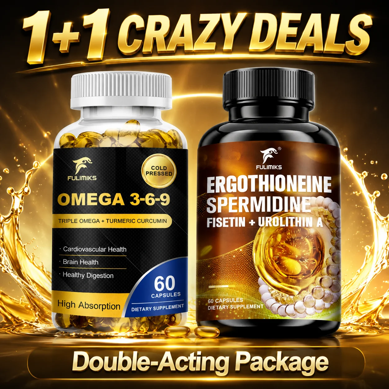 OMEGA 3-6-9 & Ergothioneine Spermidine Supplement Capsules, with Fish Oil, Sunflower Oil, Flaxseed Oil, Resveratrol, PQQ, Brain, Calm, Focus, Eye Health Support, Promote Healthy Aging