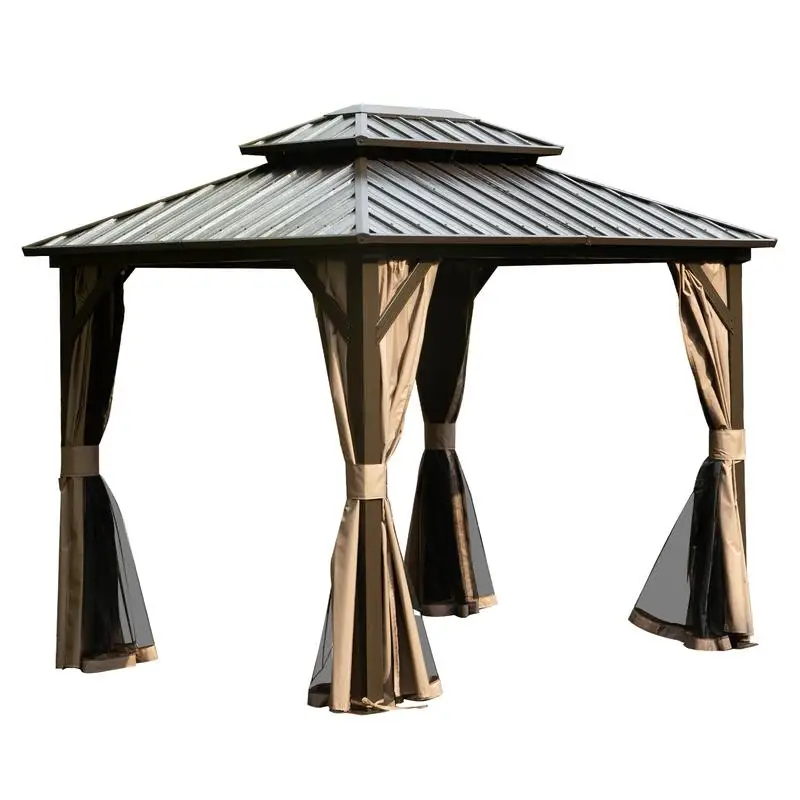 

8x10 Hardtop Gazebo Metal with Galvanized Steel Double Roof, Curtains & Netting for Outdoor Parties, Weddings, Patio, Backyard,