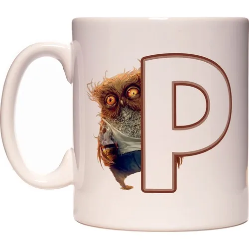 Letter P Sleepless Owl Initial Design Coffee  Tea Mug Cup. Duble Sided Printing. Gift, Home , Office Glassware