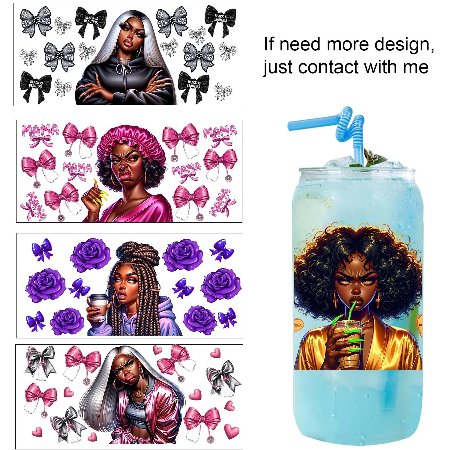 1/5pcs bundle Funny black women Style UV DTF Transfer Sticker DIY Decals 3D transfers uvdtf stickers 16oz uv dtf cup wraps