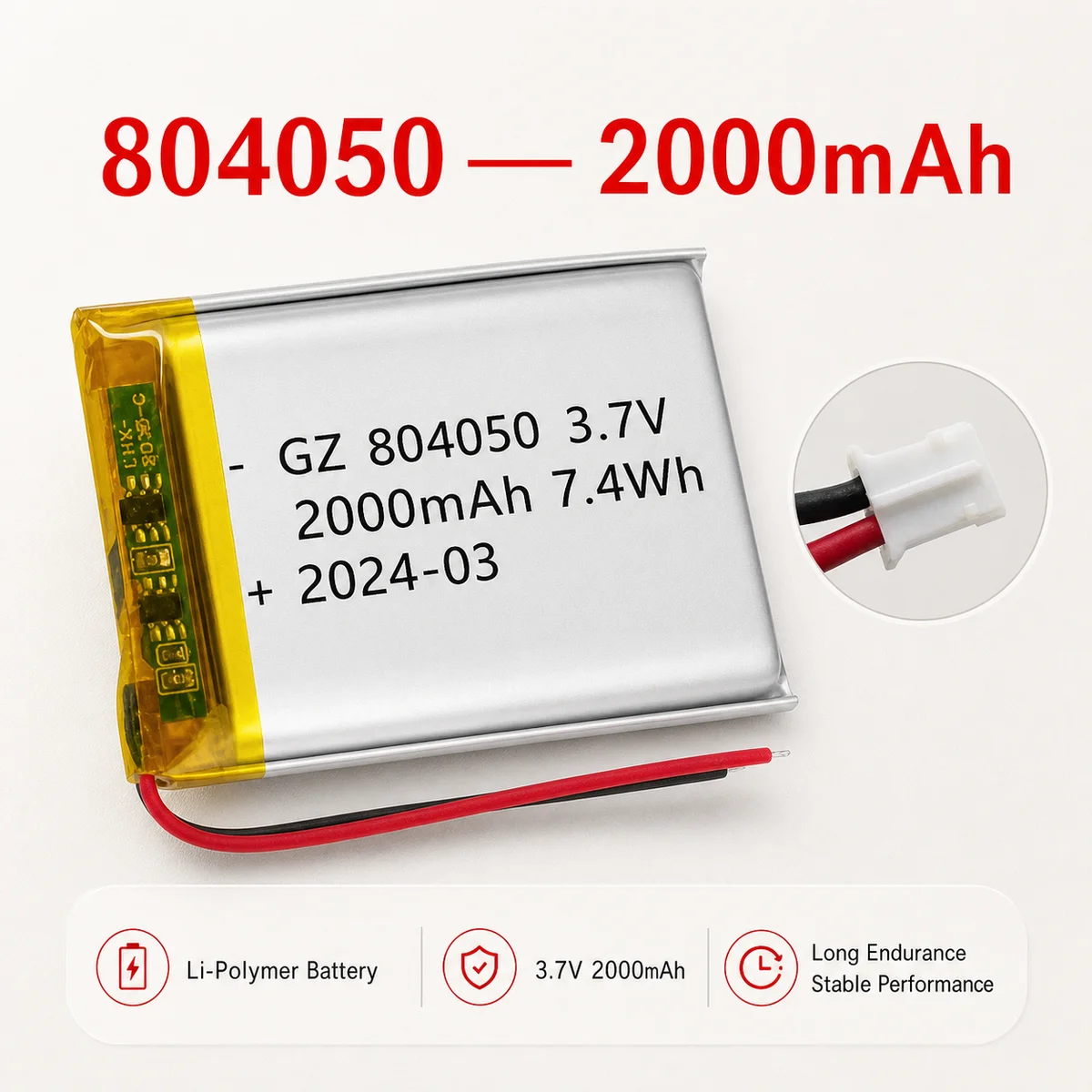 3.7V 2000mAh 804050 LiPo Rechargeable Battery Pack for Massager Medical Equipment Car Air Filter Loudspeaker