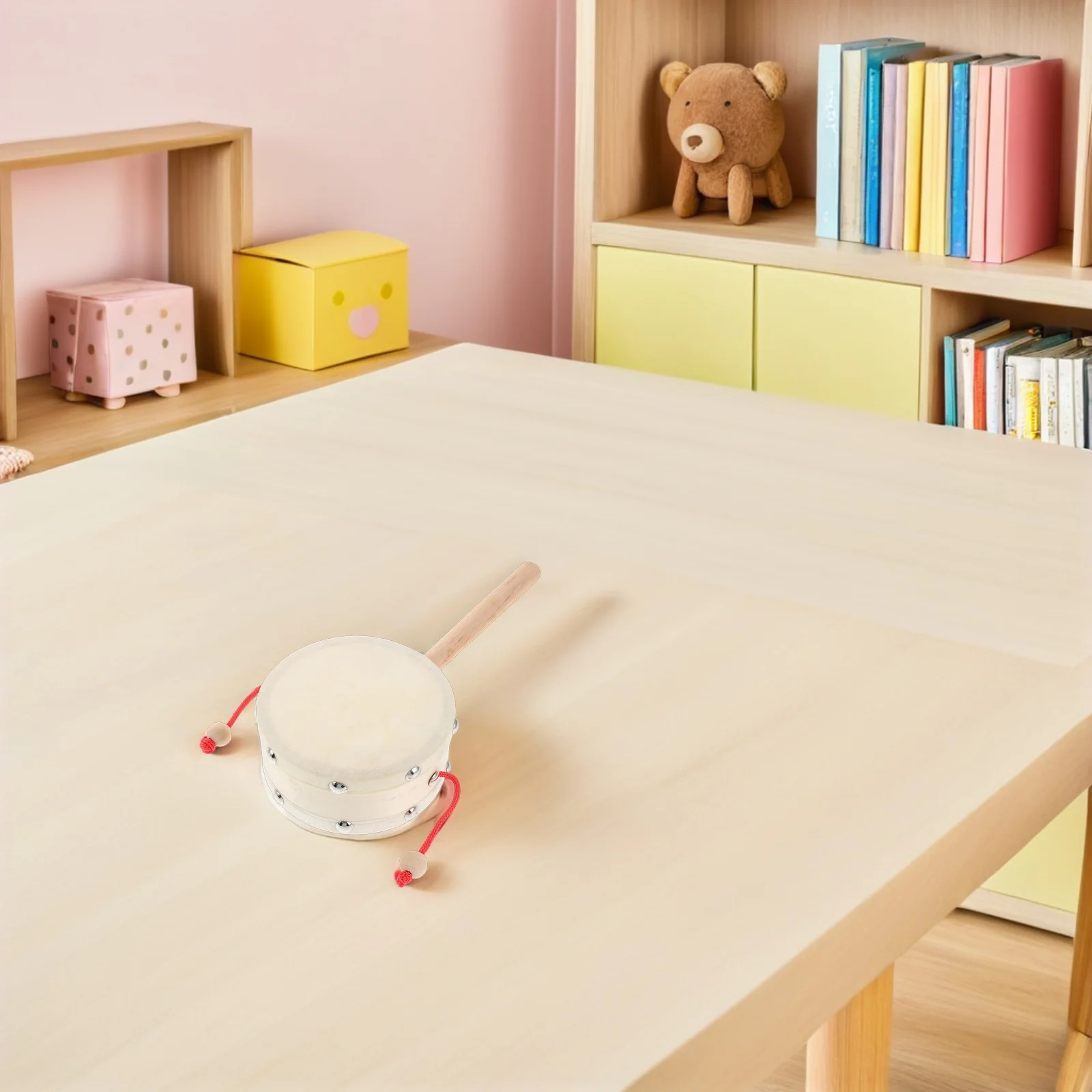

Early Education Percussion Instruments 4 Inch Sheepskin Hand Drum Musical Toys Kids Shaker Rattle Wooden Spinning Drum Baby