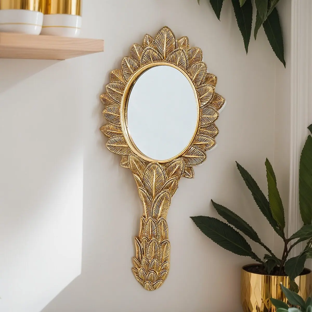 Vintage gold leaf embossed french-inspired feather carved wall decor hanging mirror
