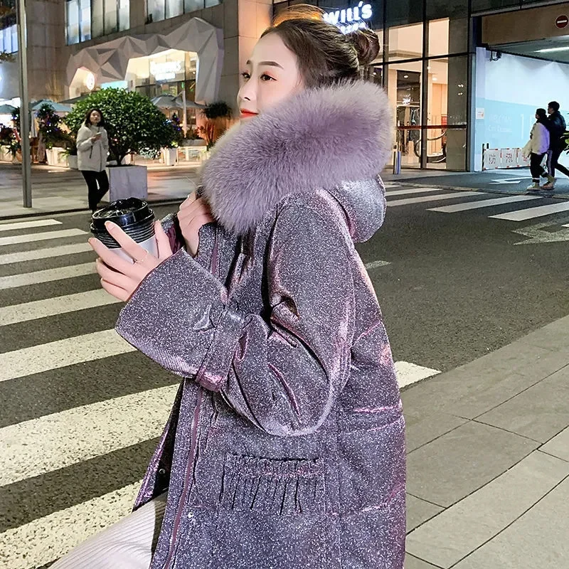 

Popular Star Down Jacket Women's Mid-Length 2021 New Fashion Over-The-Knee Winter Thickened Big fFur Collar Coat Trend