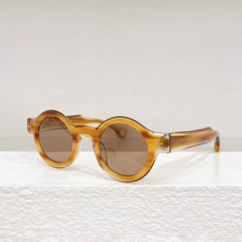 

Designer Brand Niche Vintage Amber Color Circular Sunglasses Male STANFORD Series Men's Retro Acetate Soalr Glasses