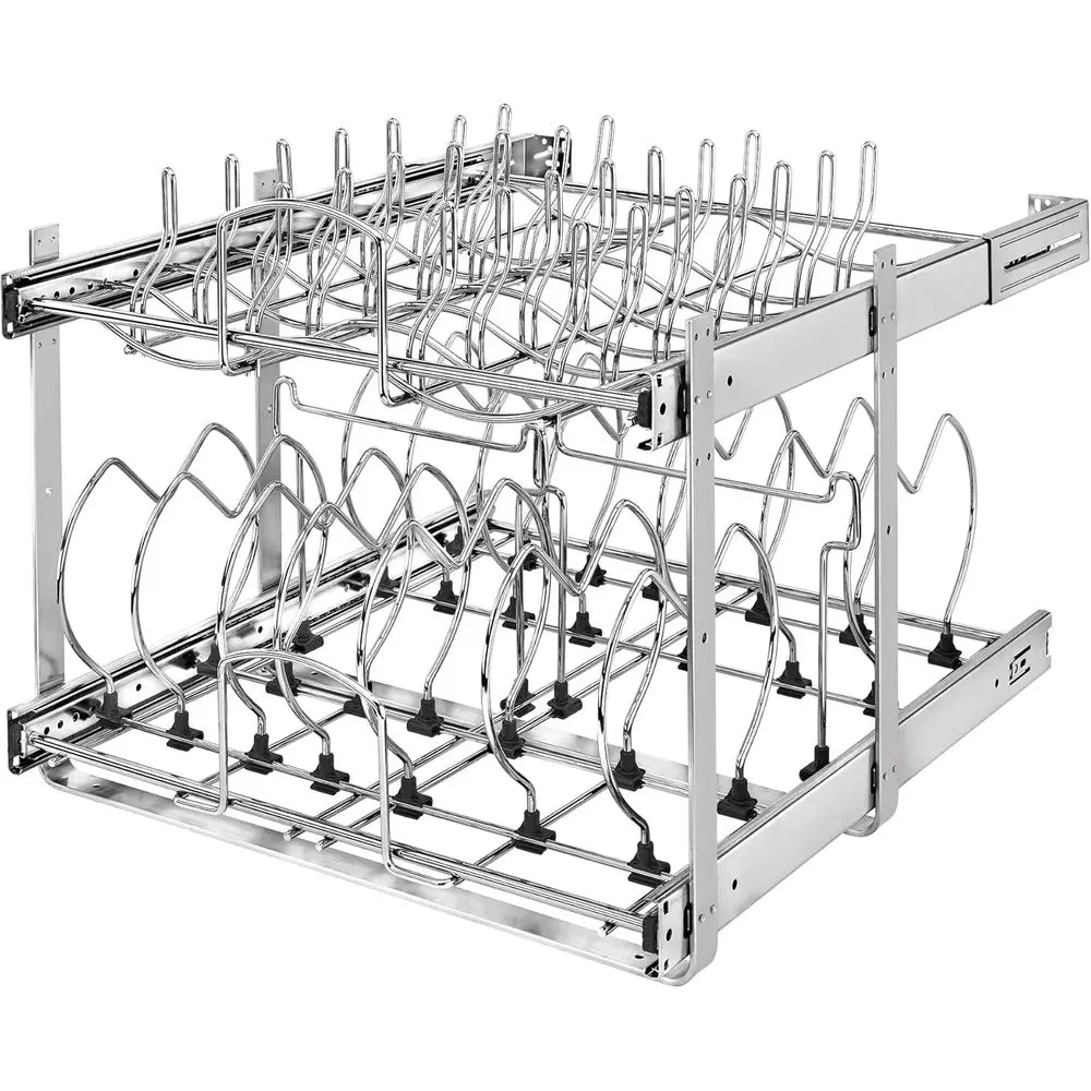 

Органайзер для кухонных шкафов 20.75 с двумя уровнями и регулируемыми проволочными полками для кастрюль, сковородок и крышек, хромированная отделка