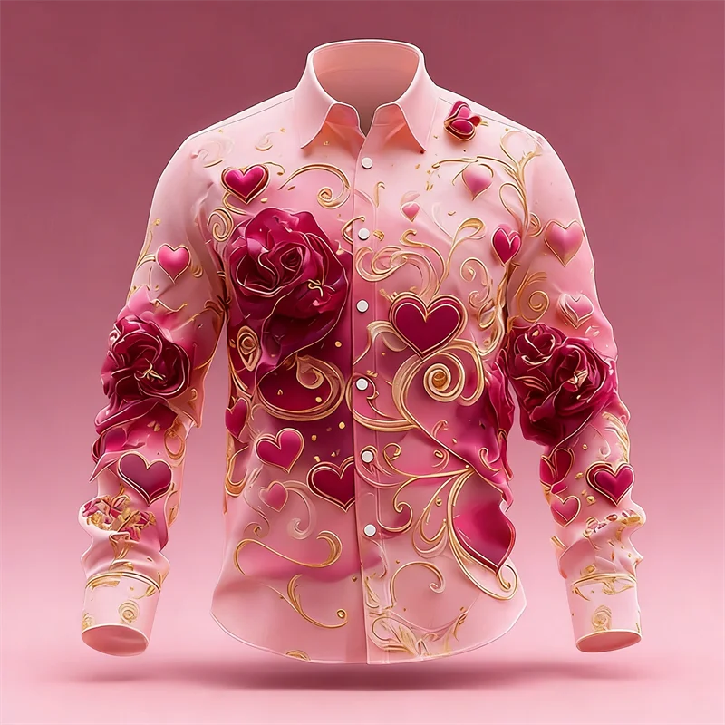 3D Rose Print Shirt men's Long Sleeved Top Fashionable Heart Pattern Casual Loose Gothic Clothing Shirt Top
