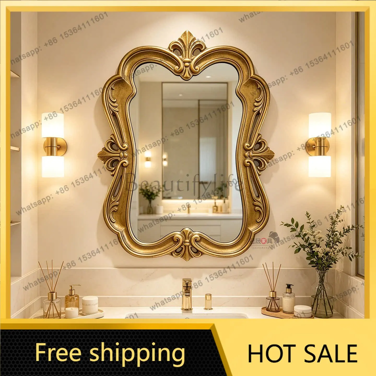 European retro special-shaped bathroom mirror wall hanging carved living room entrance decoration French  luxury makeup mirror
