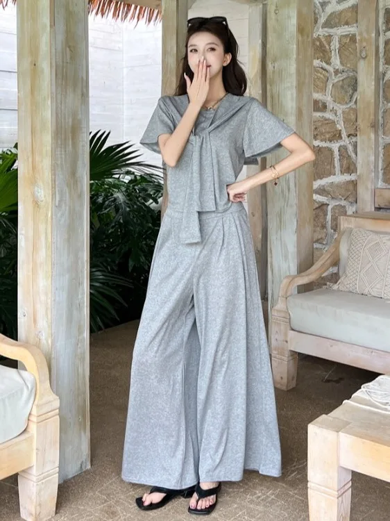 

Korean Style Versatile Casual Two-Piece Set Summer New Wide Leg Pants T-Shirt Top Straight Cut High Waist Long Pants Fashion Set