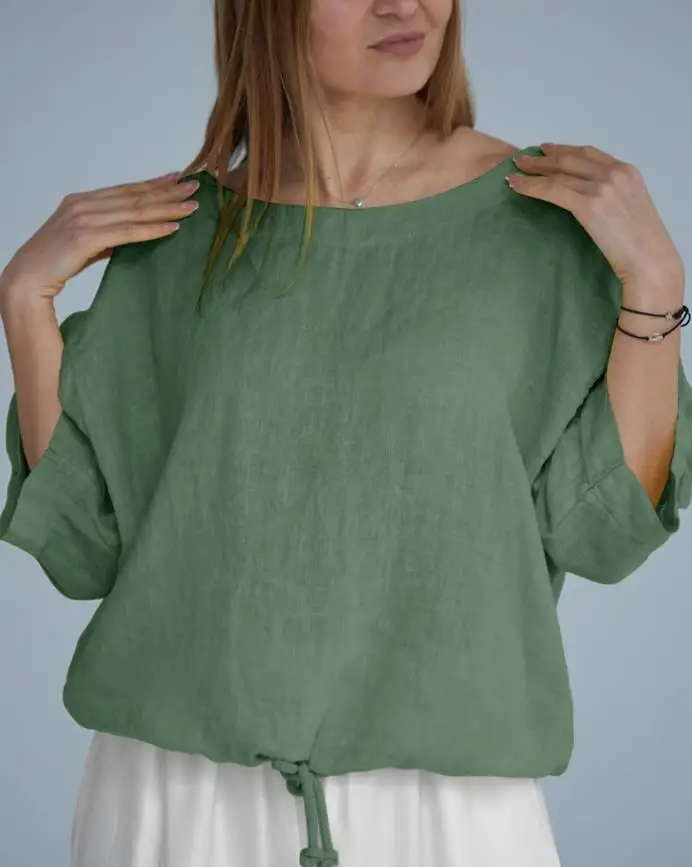 

Lace Patch Drawstring Hem Shirt Casual Off Shoulder Bohemian Loose Top
