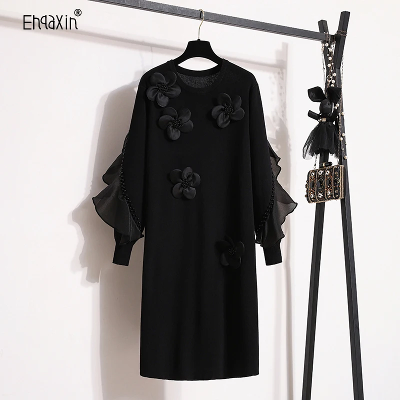 

EHQAXIN 2024 Autumn Winter New Women's Knitted Dress Fashion Korean Nail Bead Elegant Printed Loose Sweater Dresses S-3XL