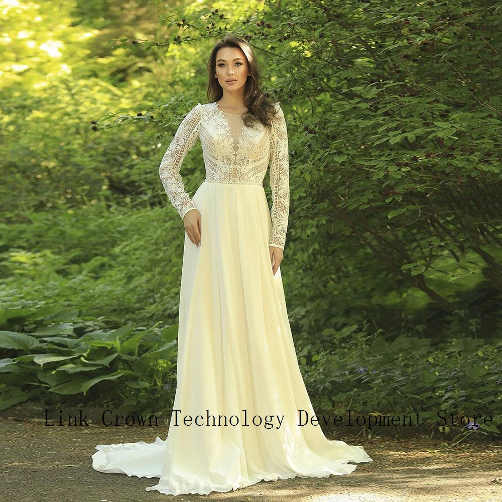 Cream Strapless Wedding Dresses  with Lace Summer Chiffon Full Sleeve Bridal Gowns 2024 Summer New Court Train Vestido De Novia