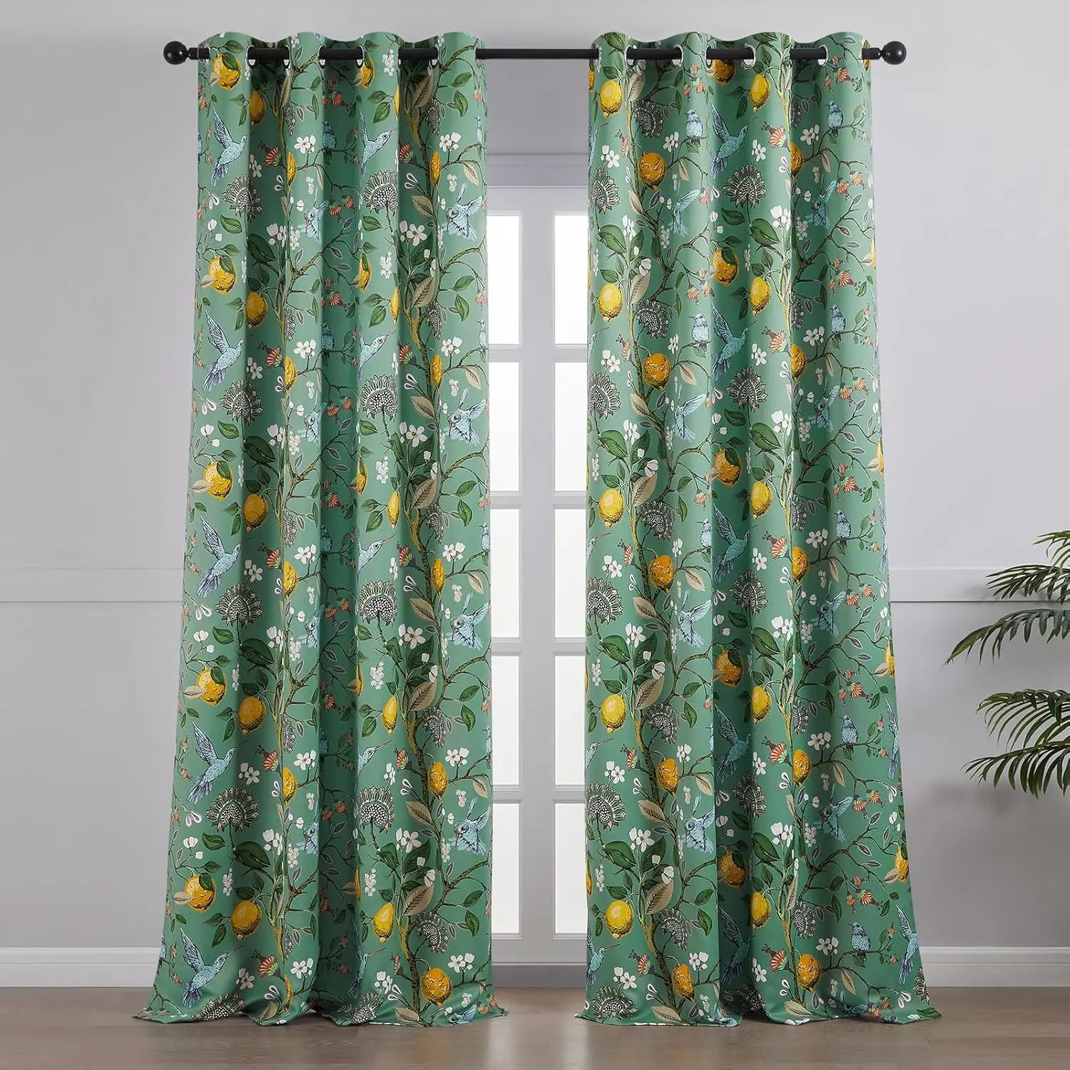 

Topfinel Vintage Cottagecore Chinoiserie Curtains & Drapes Botanical Floral Flower Lemon Hummingbird Patterned Sage Green